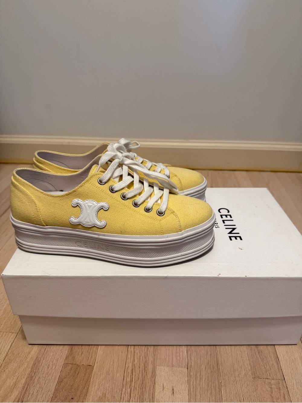 Celine Yellow Canvas Platform Sneakers with White Logo